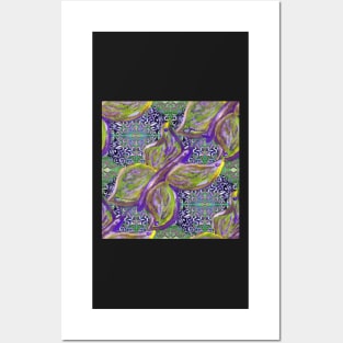 butterfly and swirls in purple and green pattern 2 Posters and Art